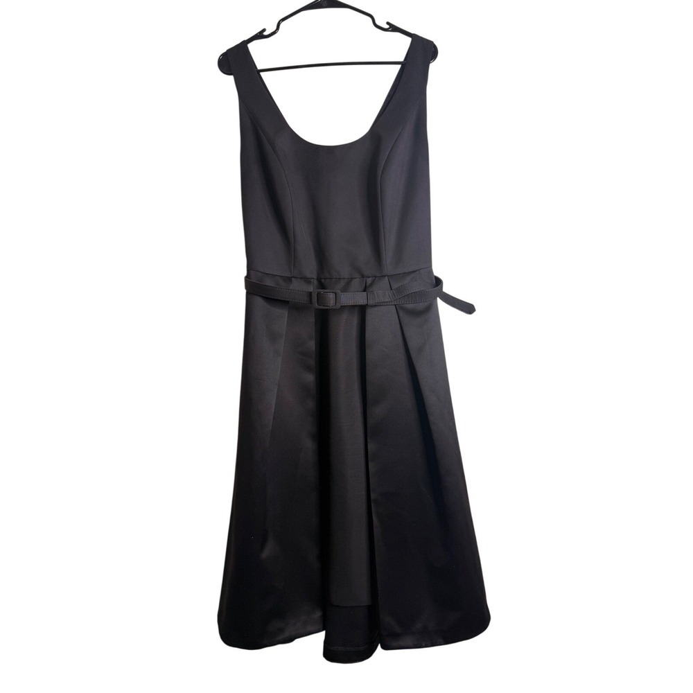 City Chic Women Size S 16 Black Fit Flare Midi Dress Satin Box Pleat Belted